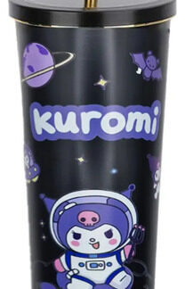 Vaso Termo Kawaii Kuromi de Acero Inoxidable Popote Color Negro